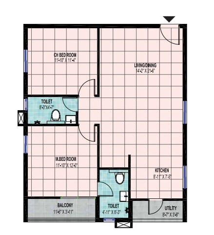 Floor plan of 2 BHK 1153 Sq. Ft. Apartment in Praneeth Pranav Flora, Hyderabad