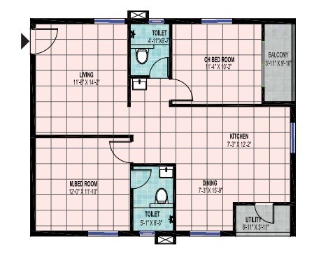 Floor plan of 2 BHK 1352 Sq. Ft. Apartment in Praneeth Pranav Flora, Hyderabad
