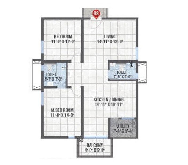 Floor plan of 2 BHK 1305 Sq. Ft. Apartment in Praneeth Pranav Ixora, Hyderabad