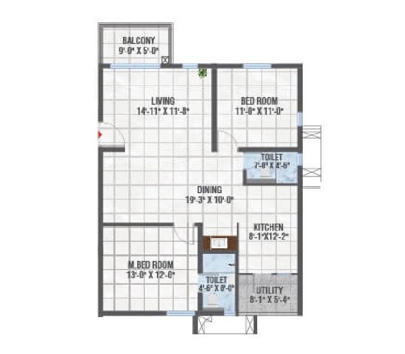 Floor plan of 2 BHK 1365 Sq. Ft. Apartment in Praneeth Pranav Ixora, Hyderabad