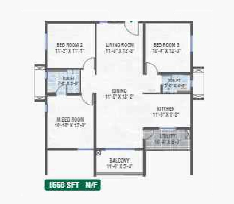 Floor plan of 3 BHK 1550 Sq. Ft. Apartment in Praneeth Pranav Ixora, Hyderabad