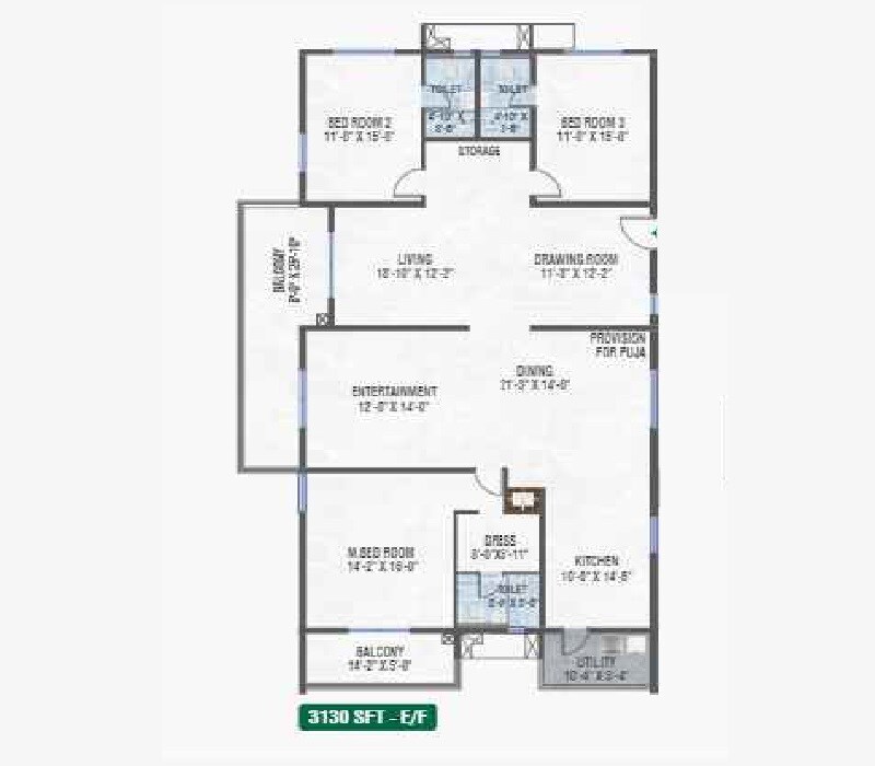 Floor plan of 3 BHK 3130 Sq. Ft. Apartment in Praneeth Pranav Ixora, Hyderabad