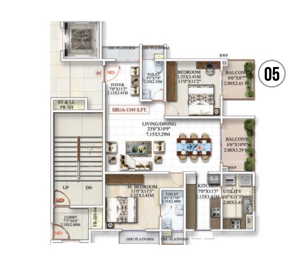 Floor plan of 2 BHK 1345 Sq. Ft. Apartment in Praneeth Pranav Jaitra, Hyderabad