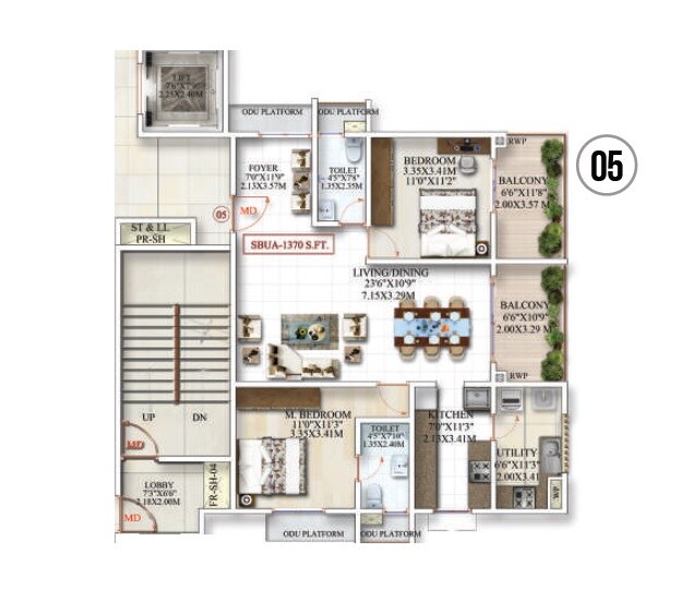 Floor plan of 2 BHK 1370 Sq. Ft. Apartment in Praneeth Pranav Jaitra, Hyderabad