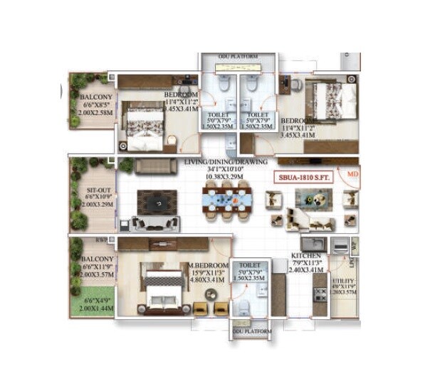 Floor plan of 3 BHK 1810 Sq. Ft. Apartment in Praneeth Pranav Jaitra, Hyderabad