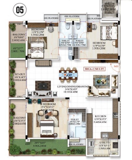 Floor plan of 3 BHK 2740 Sq. Ft. Apartment in Praneeth Pranav Jaitra, Hyderabad