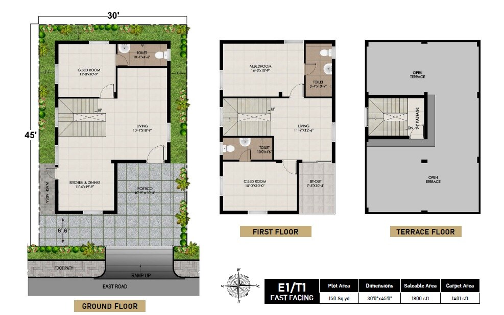 Floor plan of 3 BHK 1800 Sq. Ft. Villa in Praneeth Pranav Knightwoods, Hyderabad