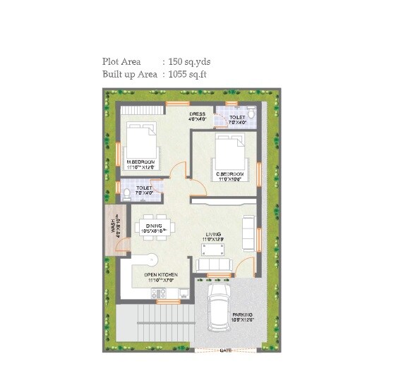 Floor plan of 2 BHK 1050 Sq. Ft. Villa in Praneeth Pranav Meadows, Hyderabad