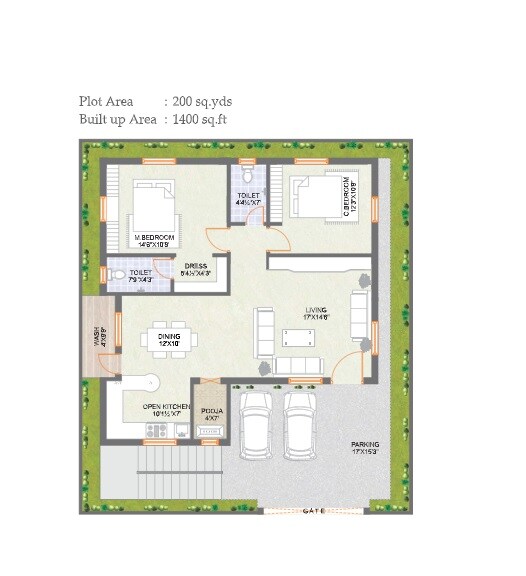 Floor plan of 2 BHK 1400 Sq. Ft. Villa in Praneeth Pranav Meadows, Hyderabad