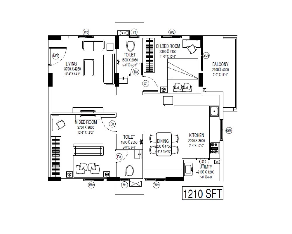 Floor plan of 2 BHK 1210 Sq. Ft. Apartment in Praneeth Pranav Solitaire, Hyderabad