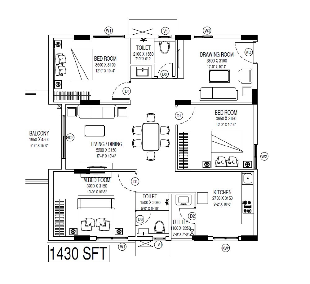 Floor plan of 2 BHK 1430 Sq. Ft. Apartment in Praneeth Pranav Solitaire, Hyderabad
