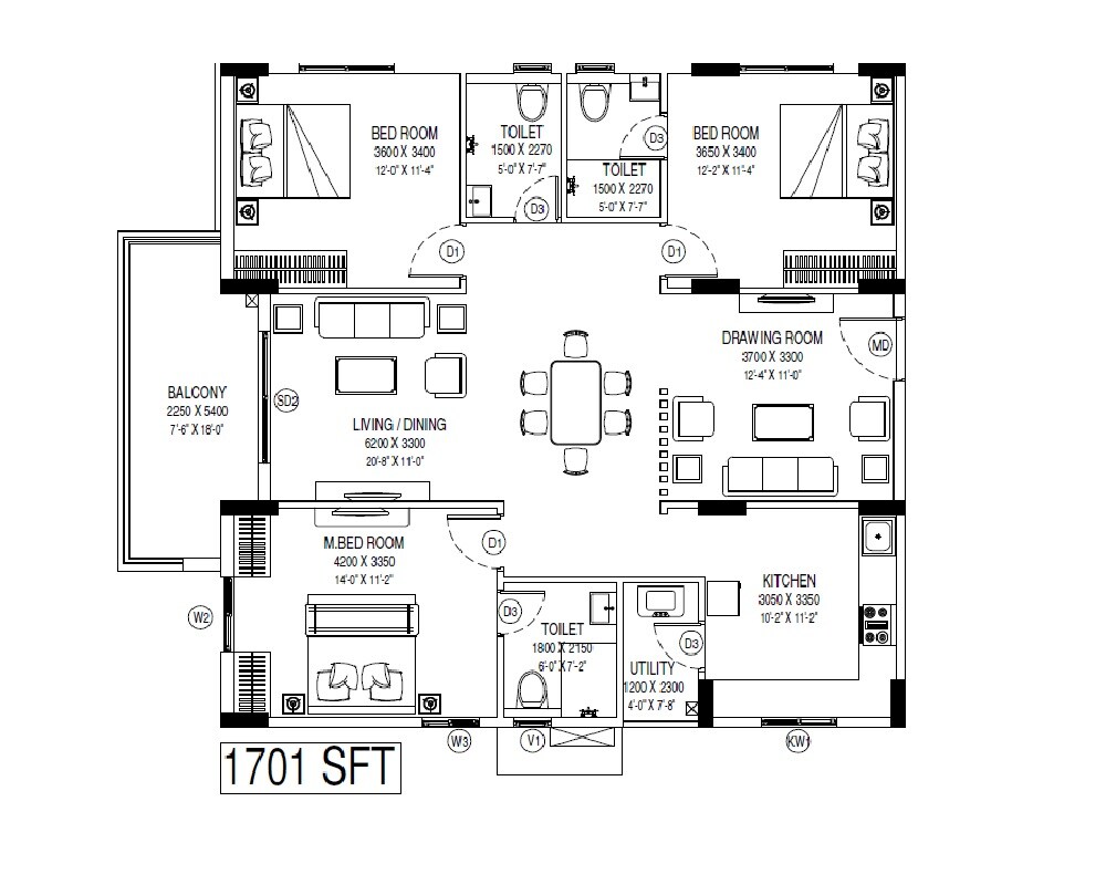 Floor plan of 3 BHK 1701 Sq. Ft. Apartment in Praneeth Pranav Solitaire, Hyderabad