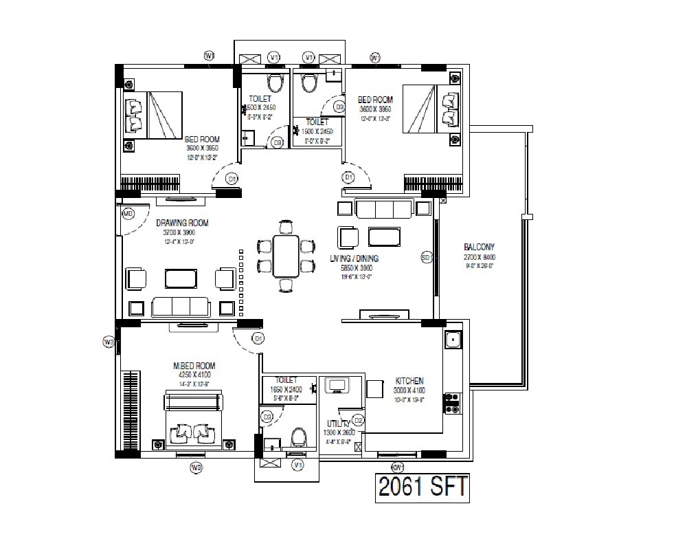 Floor plan of 3 BHK 2061 Sq. Ft. Apartment in Praneeth Pranav Solitaire, Hyderabad