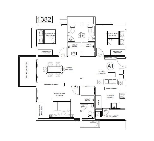 3 BHK 1382 Sq. Ft. Apartment