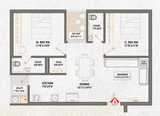 Floor plan of 2 BHK 1125 Sq. Ft. Apartment in Pranith Ambience, Hyderabad