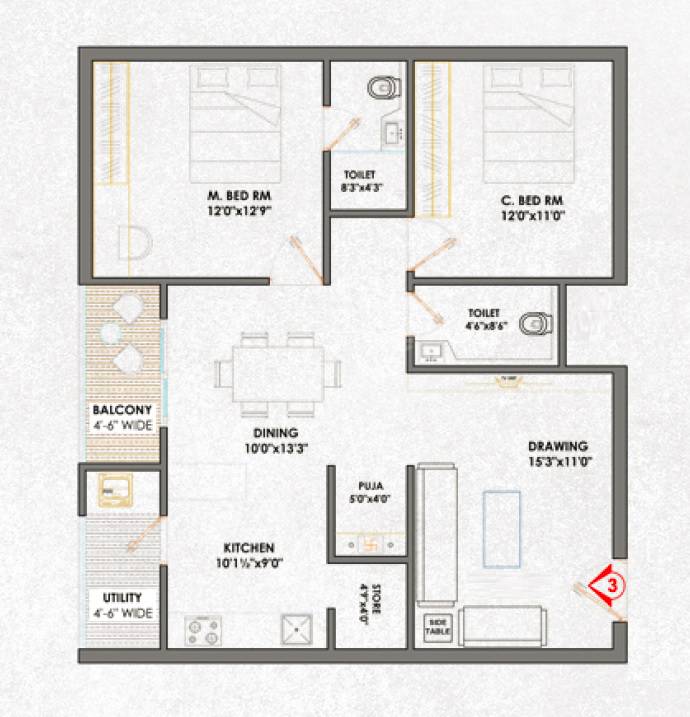 Floor plan of 2 BHK 1340 Sq. Ft. Apartment in Pranith Ambience, Hyderabad