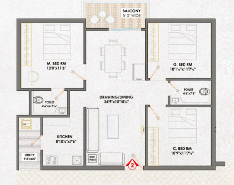 Floor plan of 3 BHK 1355 Sq. Ft. Apartment in Pranith Ambience, Hyderabad