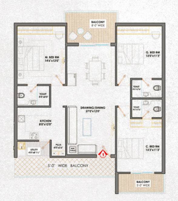 Floor plan of 3 BHK 2000 Sq. Ft. Apartment in Pranith Ambience, Hyderabad