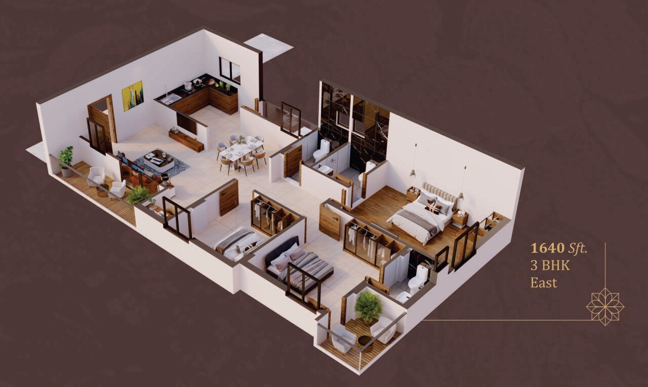 Floor plan of 3 BHK 1640 Sq. Ft. Apartment in Prathishta Nigama, Hyderabad