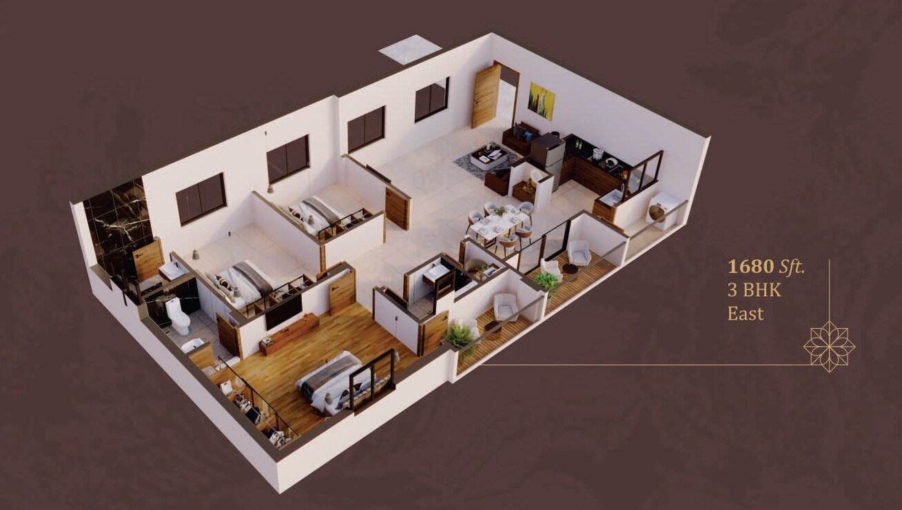 Floor plan of 3 BHK 1680 Sq. Ft. Apartment in Prathishta Nigama, Hyderabad