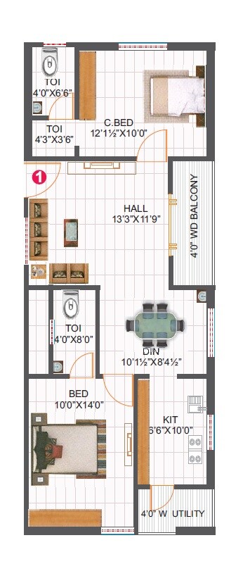 Floor plan of 2 BHK 1090 Sq. Ft. Apartment in Precise Vardhan, Hyderabad