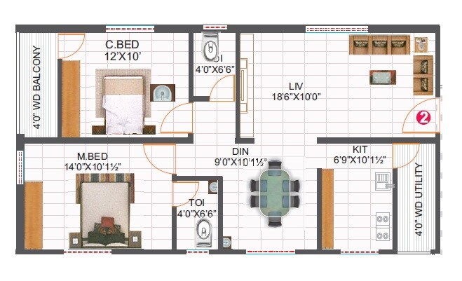 Floor plan of 2 BHK 1130 Sq. Ft. Apartment in Precise Vardhan, Hyderabad