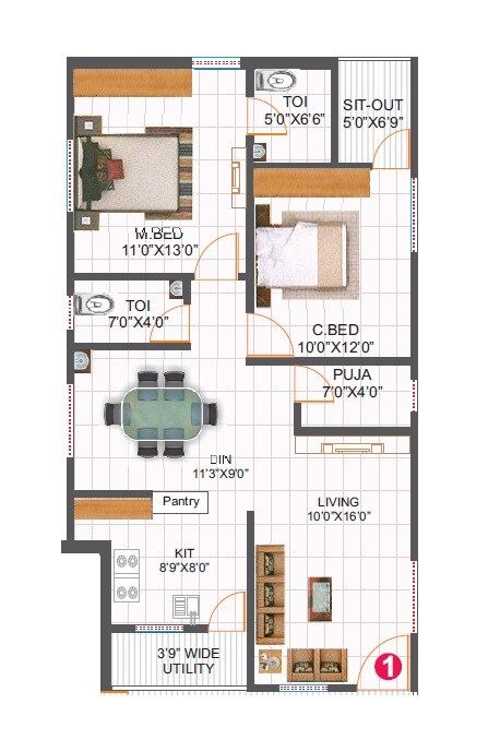 Floor plan of 2 BHK 1210 Sq. Ft. Apartment in Precise Vedanth, Hyderabad