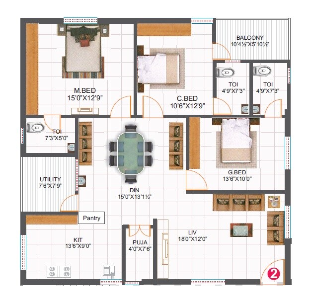 Floor plan of 3 BHK 1750 Sq. Ft. Apartment in Precise Vedanth, Hyderabad