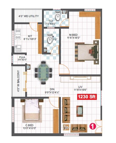 Floor plan of 2 BHK 1230 Sq. Ft. Apartment in Precise Vibrant, Hyderabad