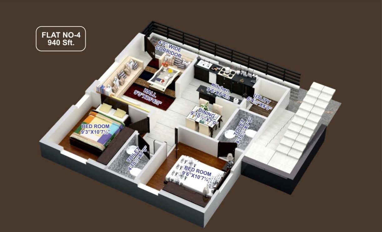 Floor plan of 2 BHK 940 Sq. Ft. Apartment in Prestige Empire, Hyderabad