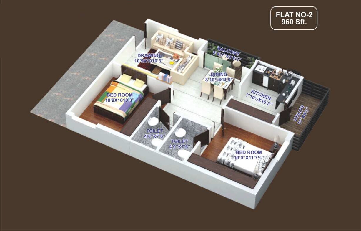 2 BHK 960 Sq. Ft. Apartment