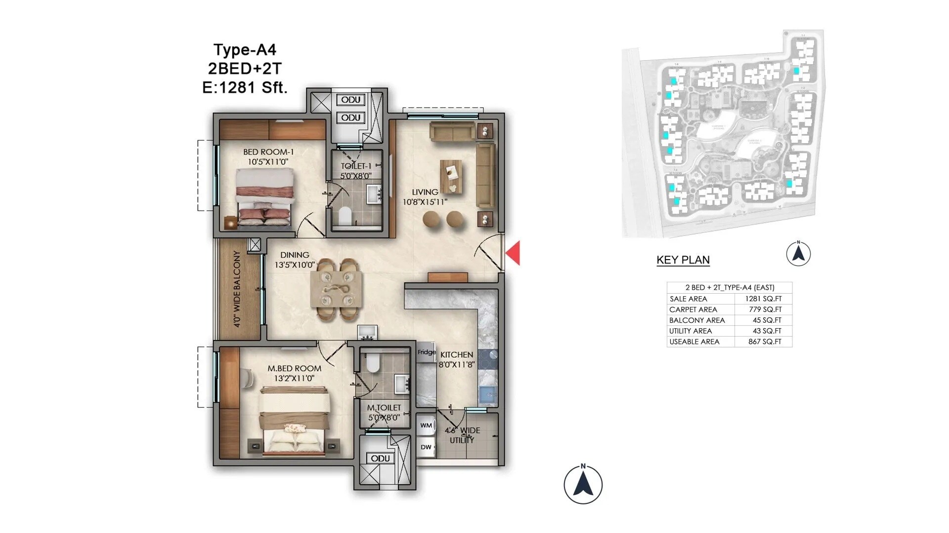 Floor plan of 2 BHK 1281 Sq. Ft. Apartment in Prestige Golden Grove, Hyderabad