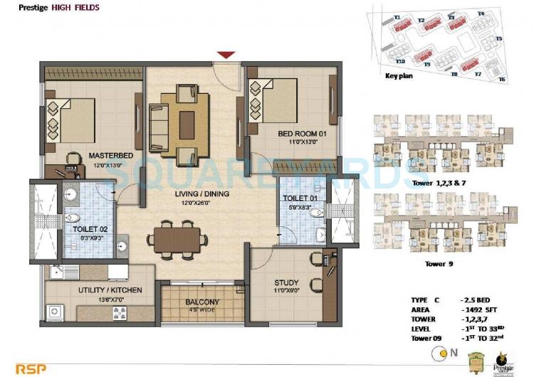 Floor plan of 2 BHK Apartment - 1018 sq. ft. in Prestige High Fields, Hyderabad