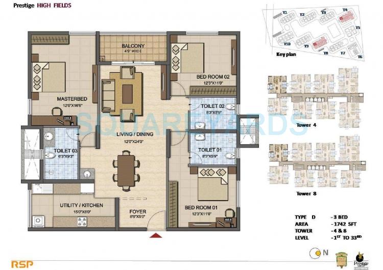 Floor plan of 3 BHK Apartment - 1206 sq. ft. in Prestige High Fields, Hyderabad
