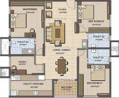 Floor plan of 3 BHK Apartment - 1339 sq. ft. in Prestige High Fields, Hyderabad