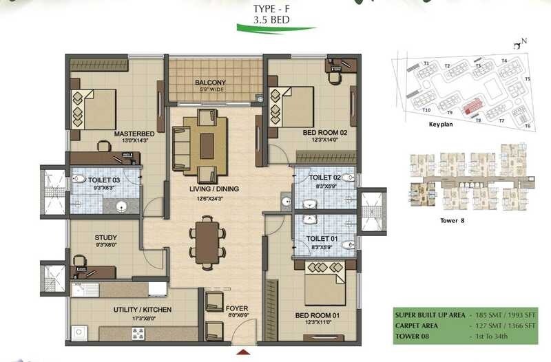 Floor plan of 3 BHK Apartment - 1366 sq. ft. in Prestige High Fields, Hyderabad
