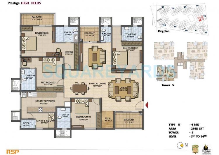 Floor plan of 4 BHK Apartment - 1887 sq. ft. in Prestige High Fields, Hyderabad