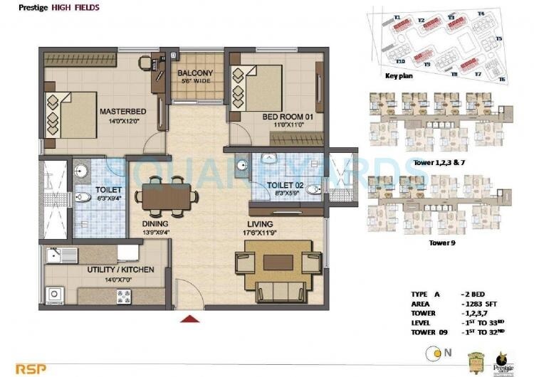 Floor plan of 2 BHK 1283 Sq. Ft. Apartment in Prestige High Fields Gachibowli, Hyderabad
