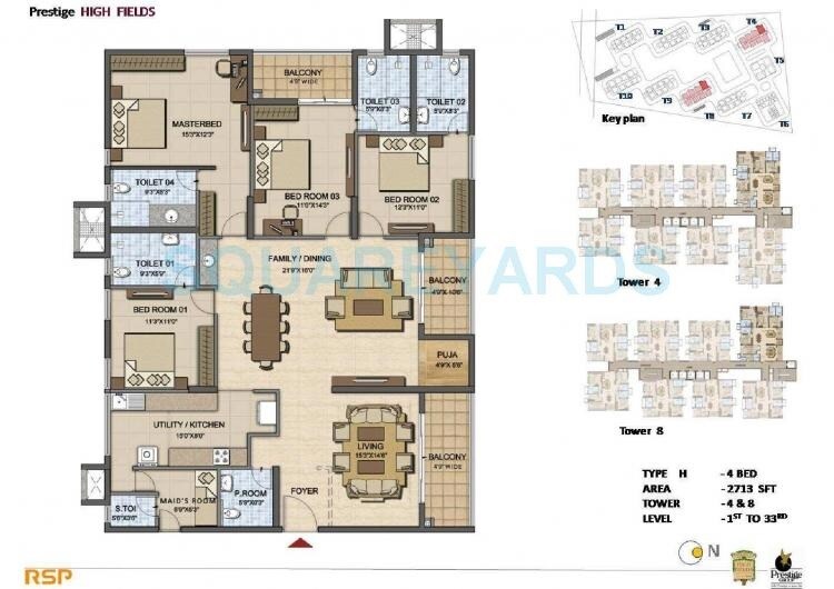 Floor plan of 4 BHK 2713 Sq. Ft. Apartment in Prestige High Fields Gachibowli, Hyderabad