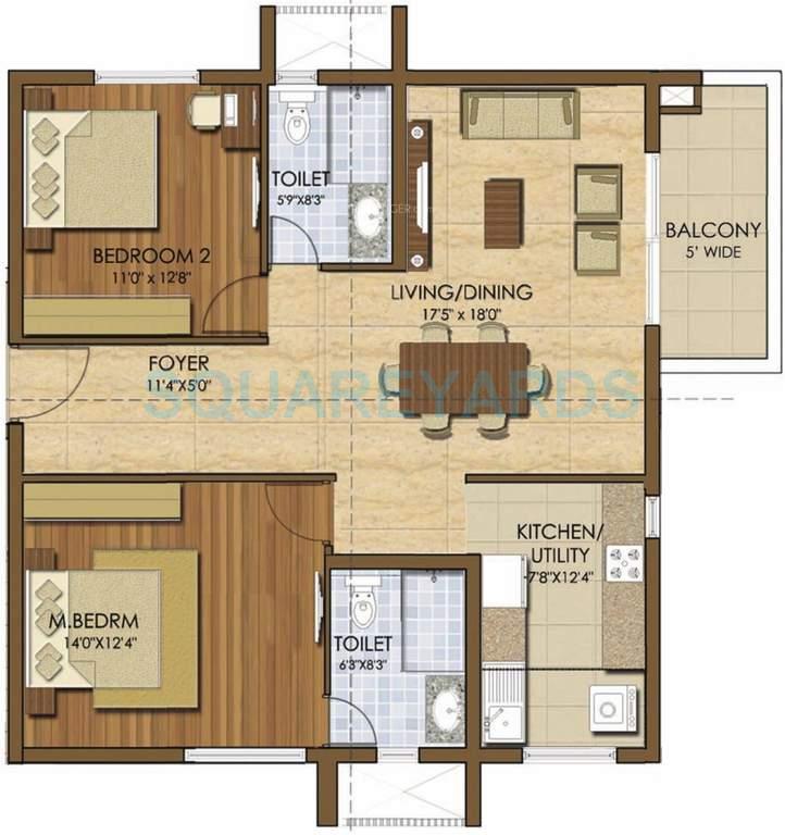 Floor plan of 2 BHK 1334 Sq. Ft. Apartment in Prestige Ivy League, Hyderabad