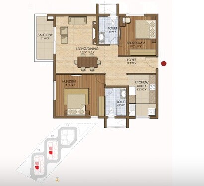 Floor plan of 2 BHK 1336 Sq. Ft. Apartment in Prestige Ivy League, Hyderabad