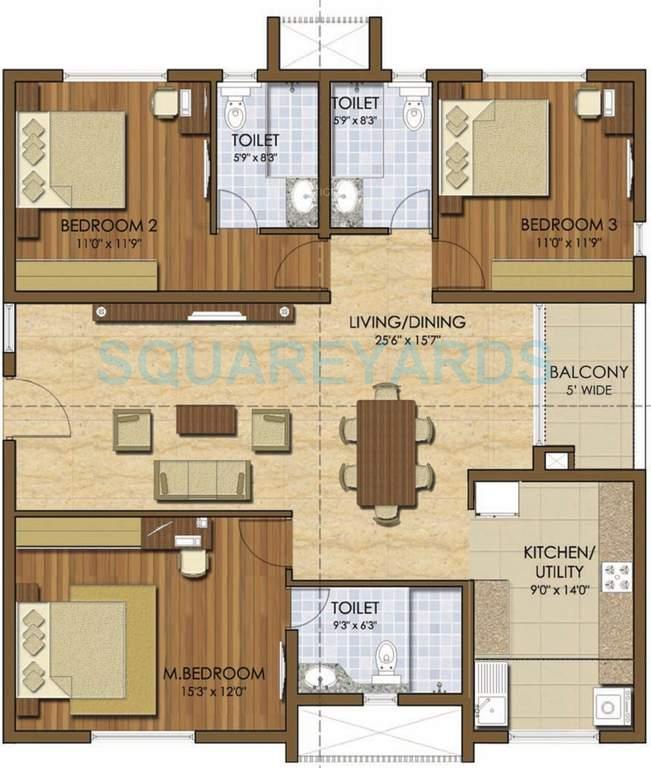 Floor plan of 3 BHK 1738 Sq. Ft. Apartment in Prestige Ivy League, Hyderabad