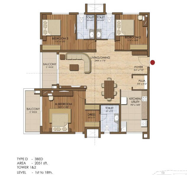 Floor plan of 3 BHK 2051 Sq. Ft. Apartment in Prestige Ivy League, Hyderabad