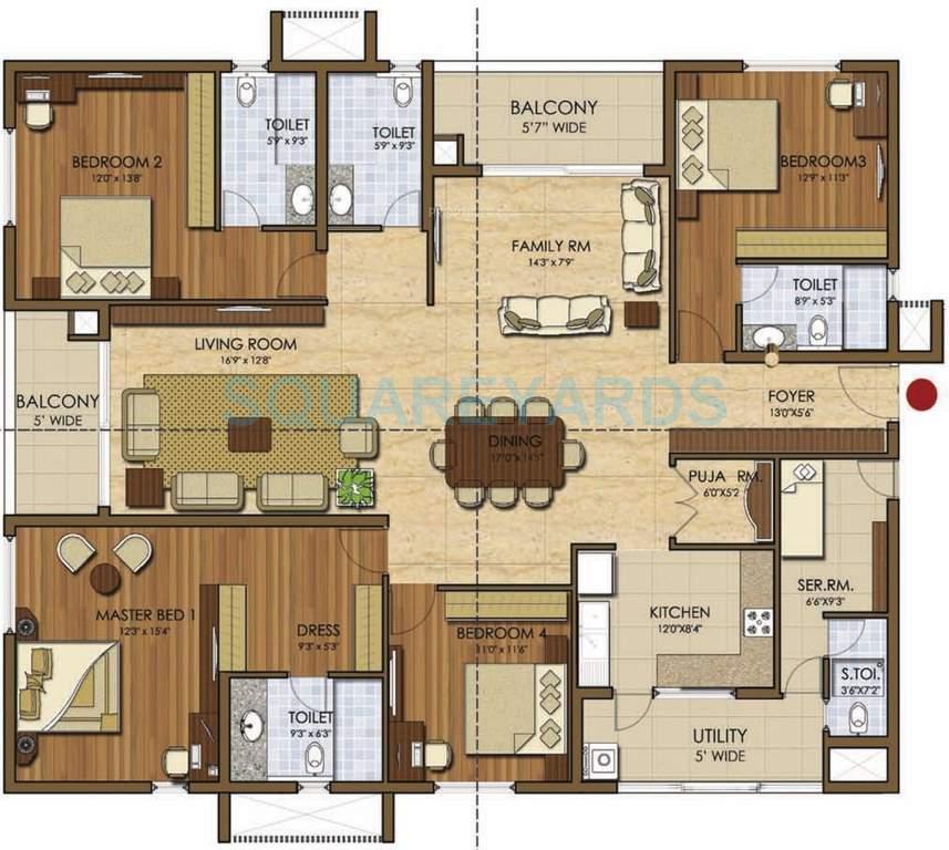 Floor plan of 4 BHK 3031 Sq. Ft. Apartment in Prestige Ivy League, Hyderabad
