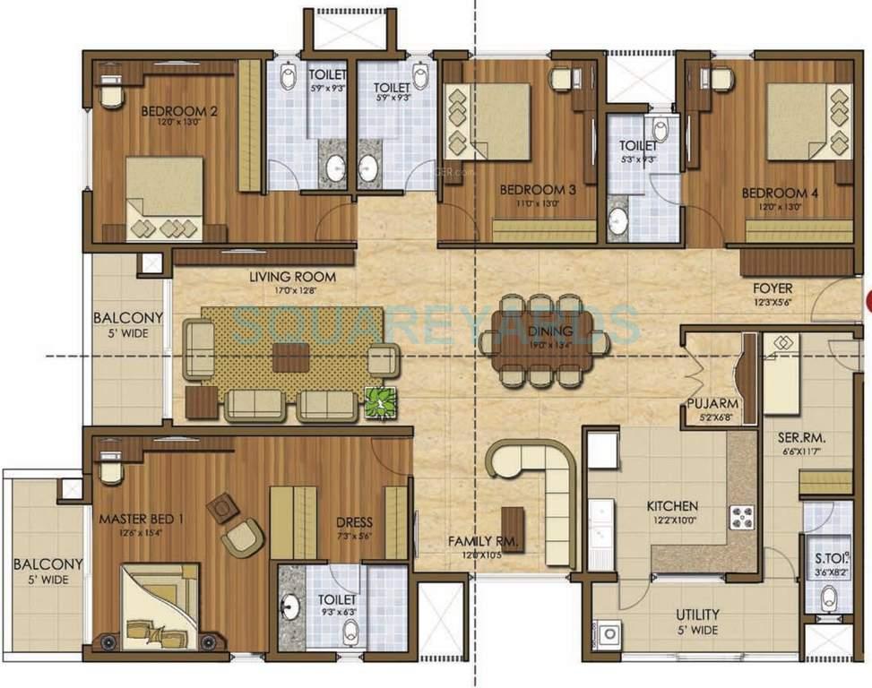 Floor plan of 4 BHK 3049 Sq. Ft. Apartment in Prestige Ivy League, Hyderabad