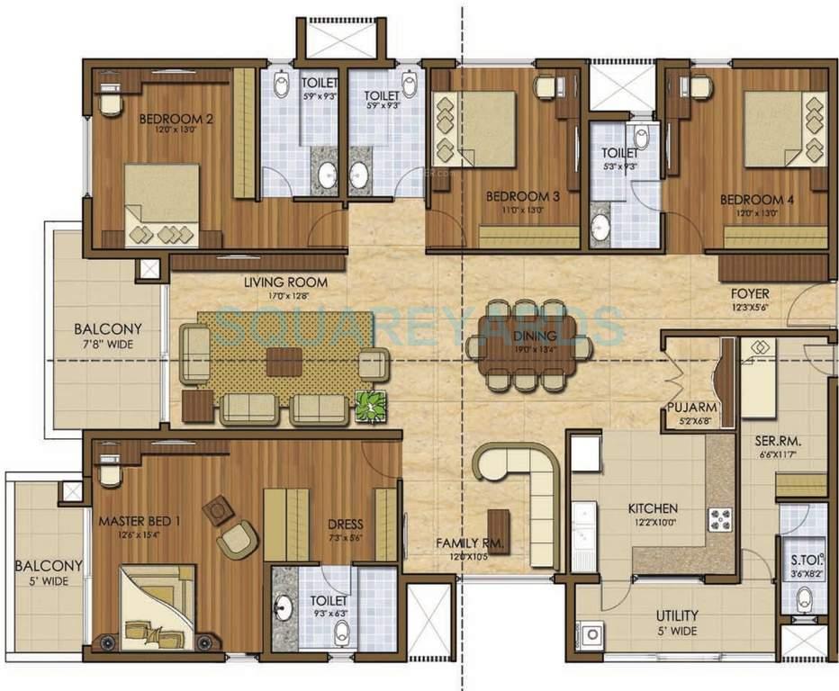 Floor plan of 4 BHK 3101 Sq. Ft. Apartment in Prestige Ivy League, Hyderabad