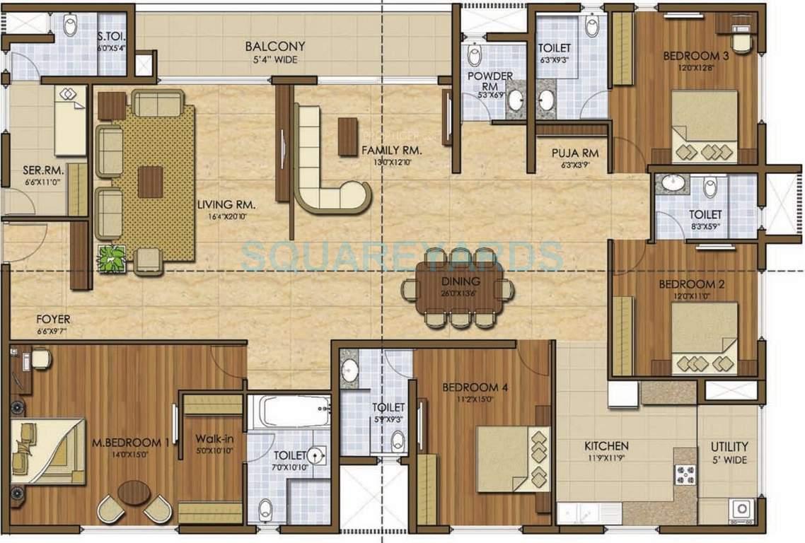 Floor plan of 4 BHK 3498 Sq. Ft. Apartment in Prestige Ivy League, Hyderabad