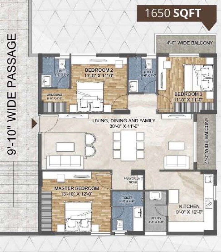 Floor plan of 3 BHK 1650 Sq. Ft. Apartment in Prestige Trident, Hyderabad