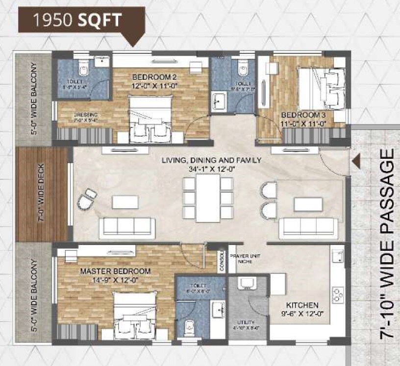 Floor plan of 3 BHK 1950 Sq. Ft. Apartment in Prestige Trident, Hyderabad