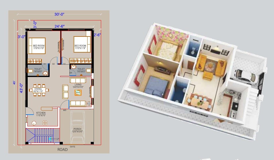 Floor plan of 2 BHK 1050 Sq. Ft. Villa in Pride India American Township Villas, Hyderabad